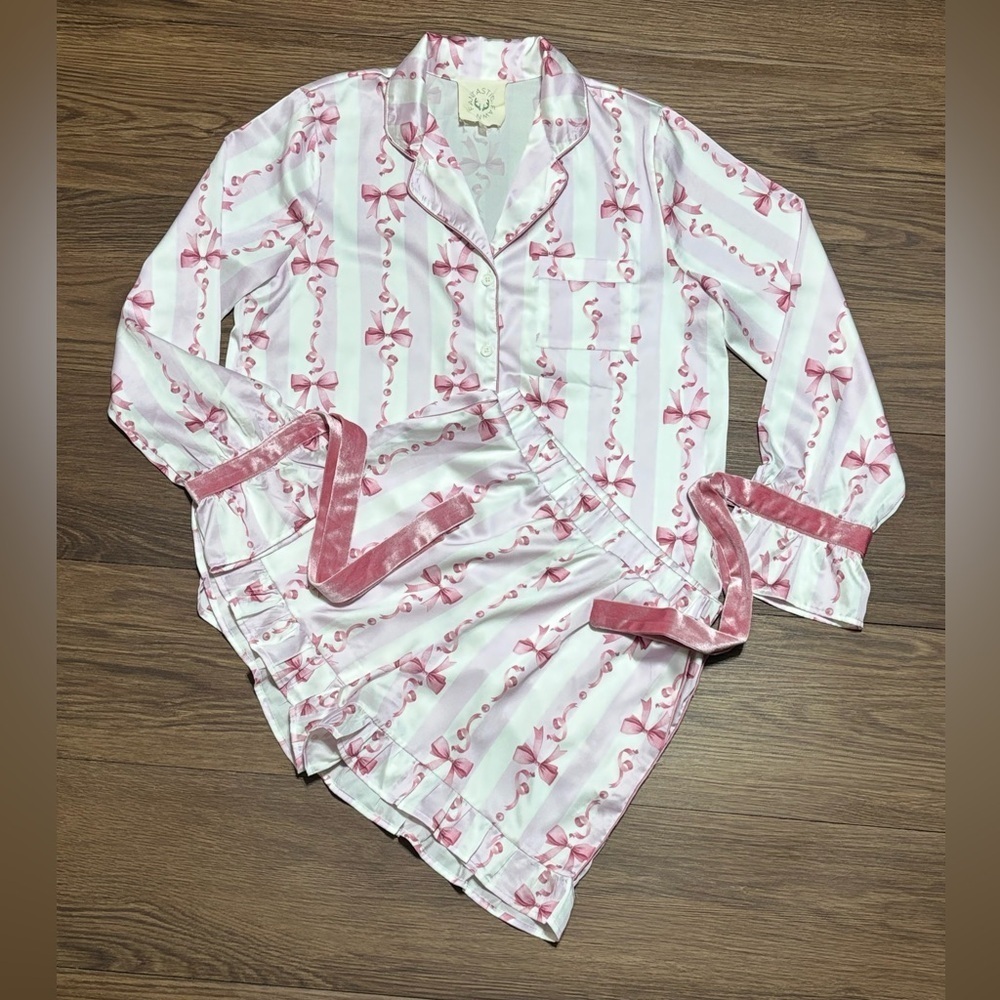 Fantastic Fawn Pink Bow Stripe Satin Pajama Set Small
